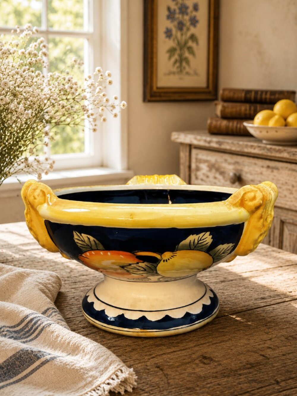 Vintage Pedestal Centerpiece Hand-Painted Mediterranean Fruit Serving Bowl #17
